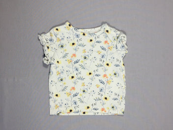 T-shirt m.c blanc fleurs bleues et jaunes - volant aux manches