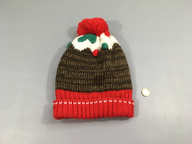 NEUF Bonnet doublé polar brun/rouge pompoms, moins cher chez Petit Kiwi