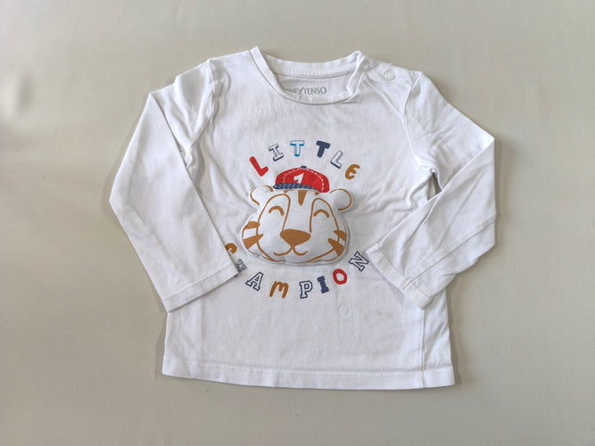 T-shirt m.l blanc "Little champion" tigre en relief et qui fait du bruit, moins cher chez Petit Kiwi