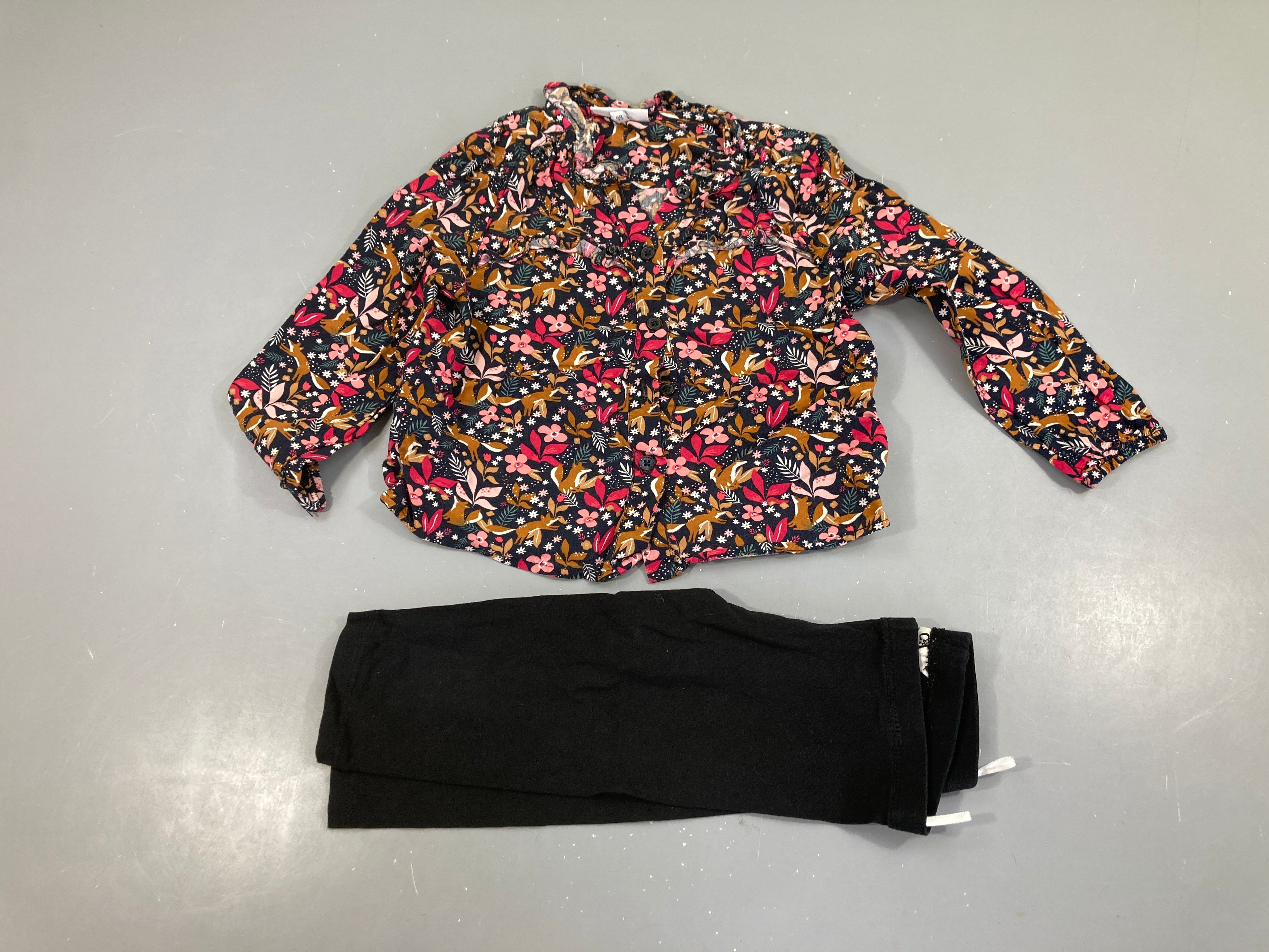 Blouse ml bleu marine fleurie rose + Legging noir