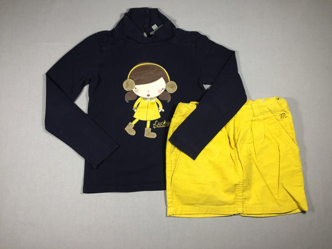 T-shirt col roulé bleu foncé petite fille + jupe en velours finement côtelé jaune, moins cher chez Petit Kiwi