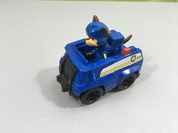 Véhicule bleu police Pat'patrouille + personnage Chase avec casque, traces d'usure