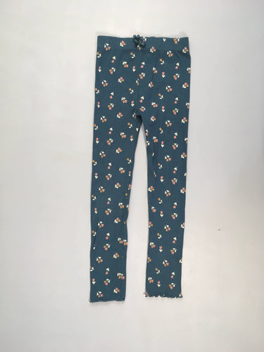 Legging finement côtelé bleu canard fleuri froufrou bas, moins cher chez Petit Kiwi