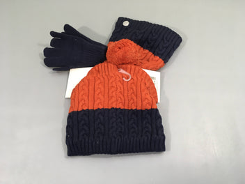 NEUF Bonnet + tour de cou + gants bleu marine/orange