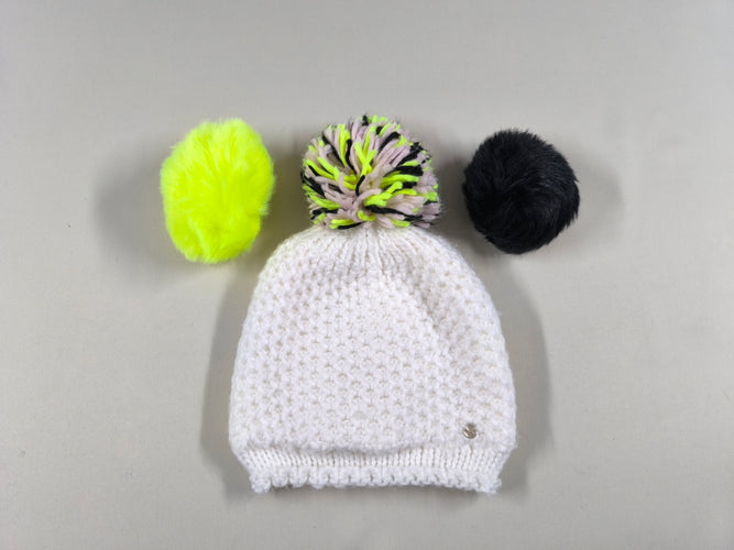 Bonnet mailles blanc doublé veloudoux + 2 pompons intercheangables (49cm), moins cher chez Petit Kiwi