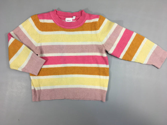 Pull rayé blanc/rose/orange/jaune, légèrement bouloché, moins cher chez Petit Kiwi