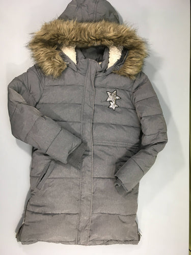 Manteau long gris à capuche amovible fausse fourrure doublé peluche étoiles sequins argentés, moins cher chez Petit Kiwi