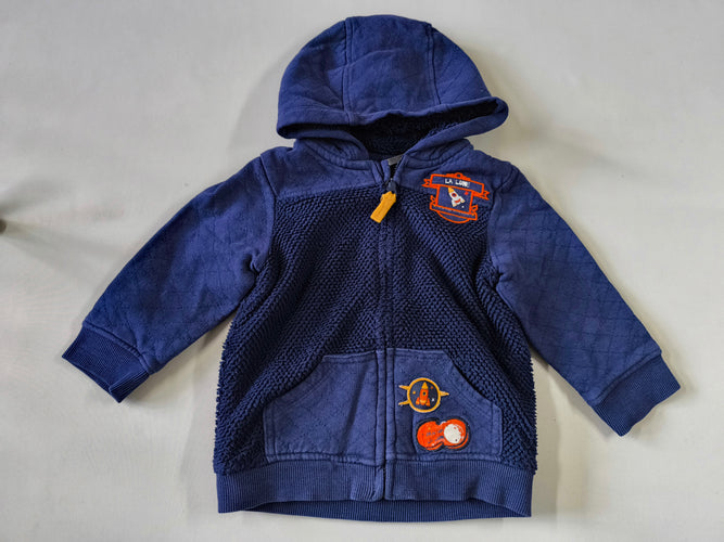 Sweat zippé à capuche bleu foncé "La lune" doublé peluche, moins cher chez Petit Kiwi