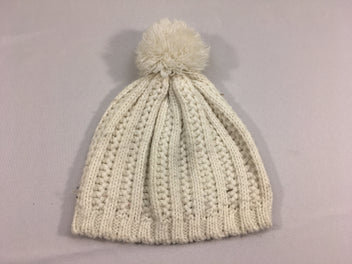 Bonnet mailles blanc pompom, légèrement bouloché, Veritas