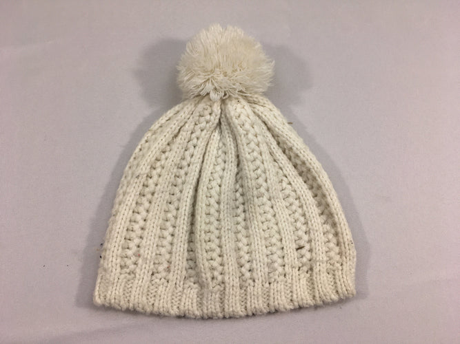 Bonnet mailles blanc pompom, légèrement bouloché, Veritas, moins cher chez Petit Kiwi