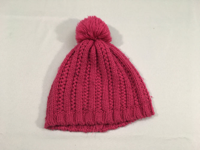 Bonnet mailles rose vif pompom, légèrement bouloché, Veritas, moins cher chez Petit Kiwi