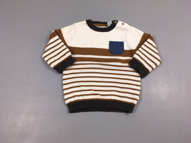 Pull blanc rayé brun poche denim, moins cher chez Petit Kiwi