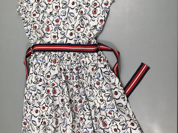 Robe m.c blanche motifs grosses fleurs bleues-rouges Ceinture textiles rayé bleu-blanc-rouge