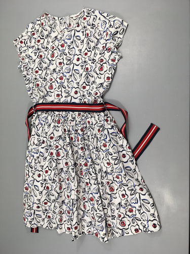 Robe m.c blanche motifs grosses fleurs bleues-rouges Ceinture textiles rayé bleu-blanc-rouge, moins cher chez Petit Kiwi