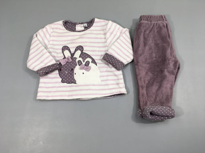 Pyjama 2pcs velours blanc rayé rose-mauve pois blanc lapins, moins cher chez Petit Kiwi