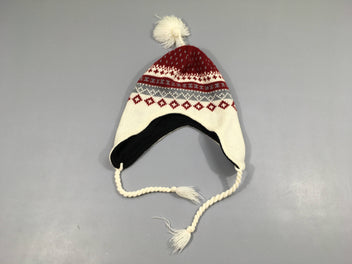 Bonnet motifs hiver blanc/rouge/gris pompon