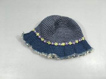 Chapeau paille/denim broderies fleurs