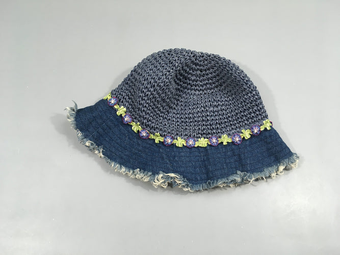 Chapeau paille/denim broderies fleurs, moins cher chez Petit Kiwi