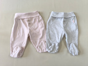 2 pantalons jersey avec pieds gris/rose clair à pois