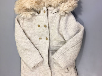 Manteau beige doublé sherpa en rembourage recyclé à capuche fausse fourrure amovible, boulochée