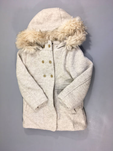 Manteau beige doublé sherpa en rembourage recyclé à capuche fausse fourrure amovible, boulochée, moins cher chez Petit Kiwi