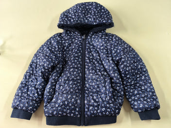 Doudoune à capuche bleue foncée motifs blancs réversible fausse fourrure bleue foncée