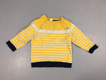 Pull jaune rayé blanc bords bleu foncé