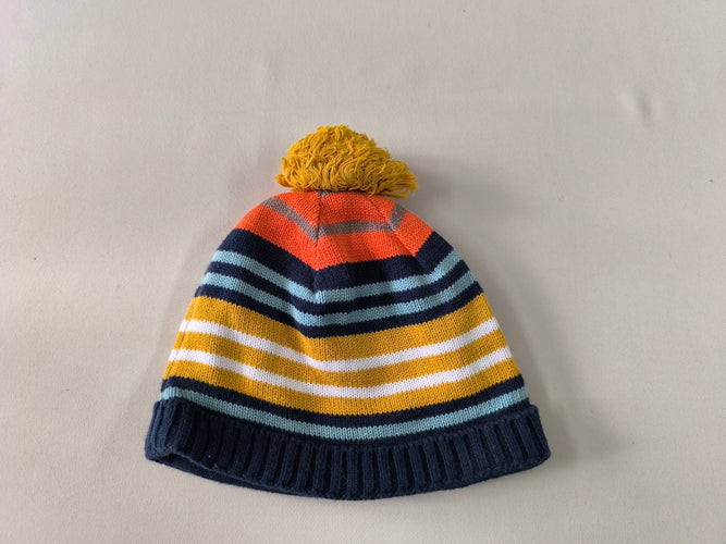 Bonnet rayé bleu marine/bleu/jaune/orange avec pompon, 50 cm, moins cher chez Petit Kiwi