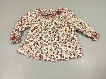 Blouse ml rose très pâle , fil argenté. Motifs fleurs bordeaux.  99% coton 1% fibre métallique