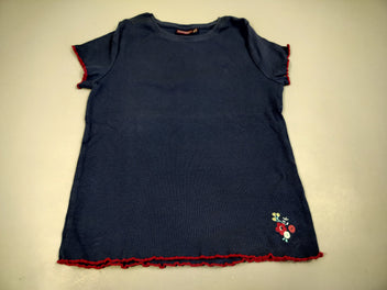 T-shirt m.c texturé bleu marine bords rouges, broderie fleurs 97% coton 3%  élasthanne