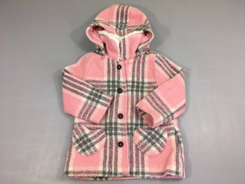 Veste tweed rose à carreaux à capuche, 20% laine, boulochée