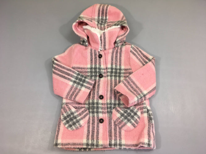 Veste tweed rose à carreaux à capuche, 20% laine, boulochée, moins cher chez Petit Kiwi