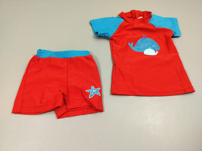 Ensemble T-shirt m.c anti-uv  rouge et bleu , baleine + maillot assorti 80% polyamide  20% élasthanne, moins cher chez Petit Kiwi