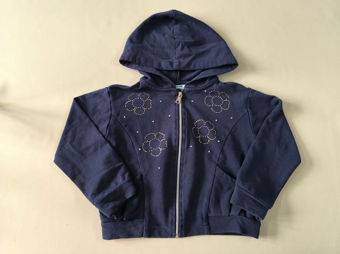 Sweat zippé à capuche bleu foncé  strass fleurs, moins cher chez Petit Kiwi