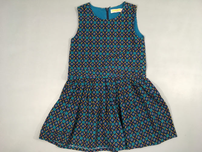 Robe s.m velours bleu foncé motifs turquoises-jaunes, moins cher chez Petit Kiwi