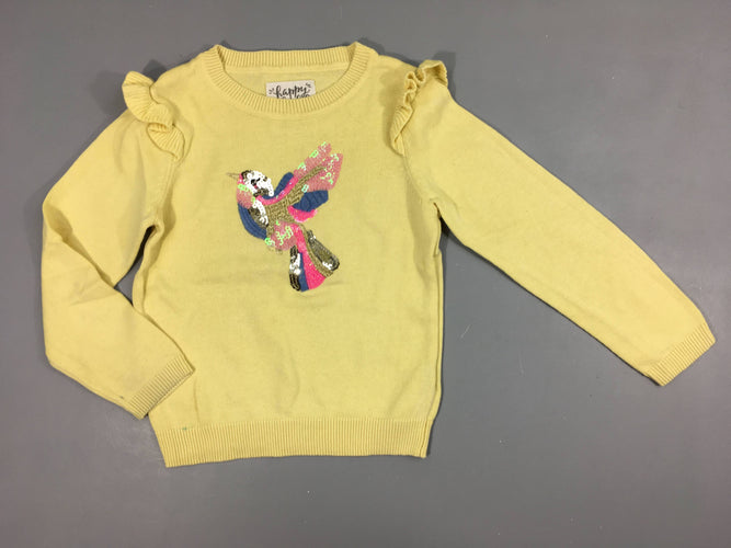 Pull jaune oiseau sequins froufrous épaules, moins cher chez Petit Kiwi