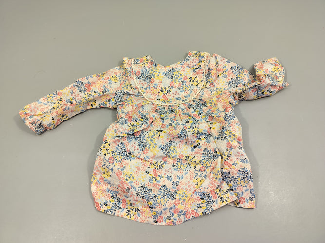 Blouse ml blanche à fleurs, roses,jaunes, bleues. 100% coton, moins cher chez Petit Kiwi