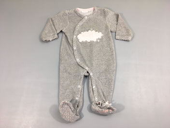 Pyjama velours gris rayé nuage, pieds anti-dérapants