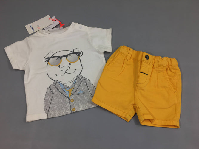 NEUF t-shirt m.c blanc ours lunettes + bermuda jaune, moins cher chez Petit Kiwi