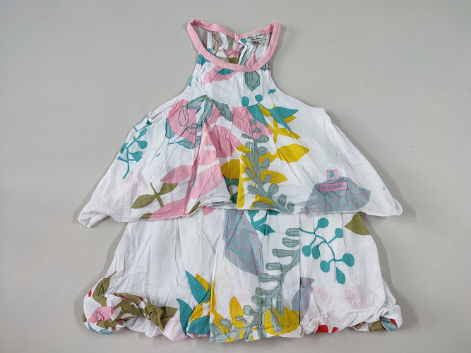 Robe fines bretelles coton blanche motifs feuilles multicolore superposée, moins cher chez Petit Kiwi