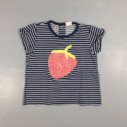 T-shirt m.c bleu marine rayé blanc, flocage fraise, moins cher chez Petit Kiwi