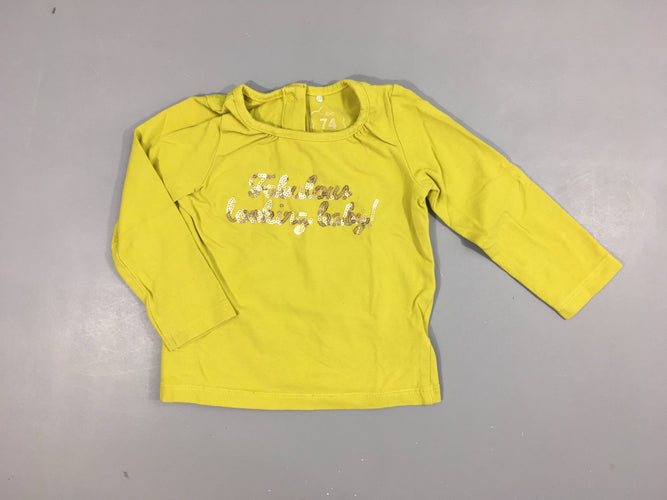 T-shirt m.l jaune anisé écriture en sequins "Fabulous  looking baby 95% coton  5% élasthanne, moins cher chez Petit Kiwi