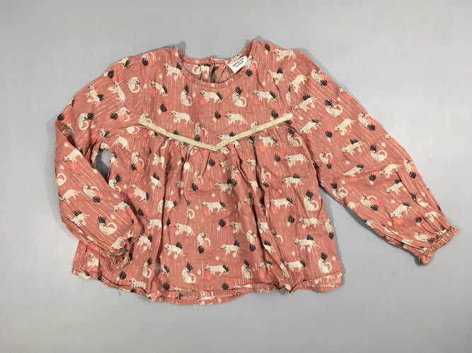 Blouse m.l rose , fils dorés motifs léopards blancs  97% modal 3% métal, moins cher chez Petit Kiwi