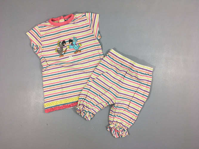 Pyjama 2pcs jersey  rayé multicolore , 2 perroquets  100% coton, moins cher chez Petit Kiwi