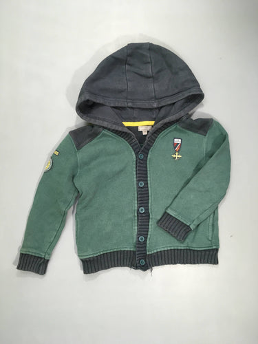 Gilet bleu marine vert,  écusson, un peu délavé et bouloché .100% coton, moins cher chez Petit Kiwi