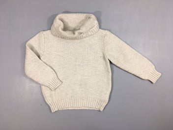 Pull tricot col roulé écru, bouloché 60% coton 30% polyamide 10% laine