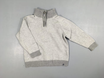 Pull gris clair texturé, col zippé 100% coton