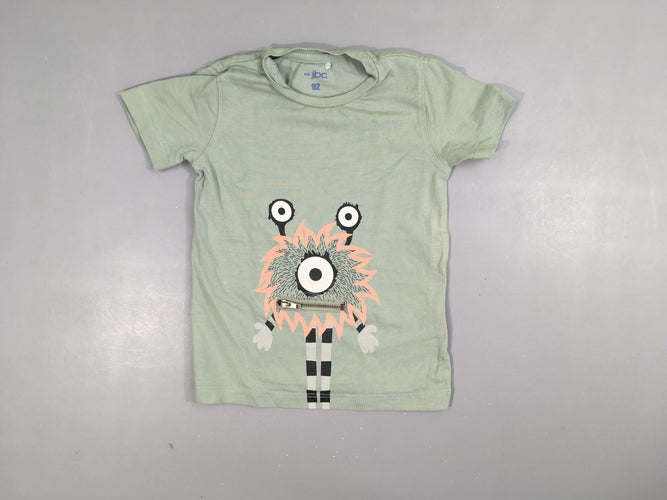 T-shirt m.c vert d'eau , monstre avec bouche tirette , toutes petites taches 95% coton 5% élasthanne, moins cher chez Petit Kiwi