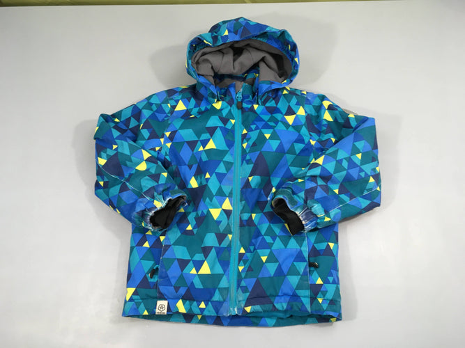 Veste de ski bleue motifs triangulaires vert jaunes-Traces d'usures bas des manches, moins cher chez Petit Kiwi