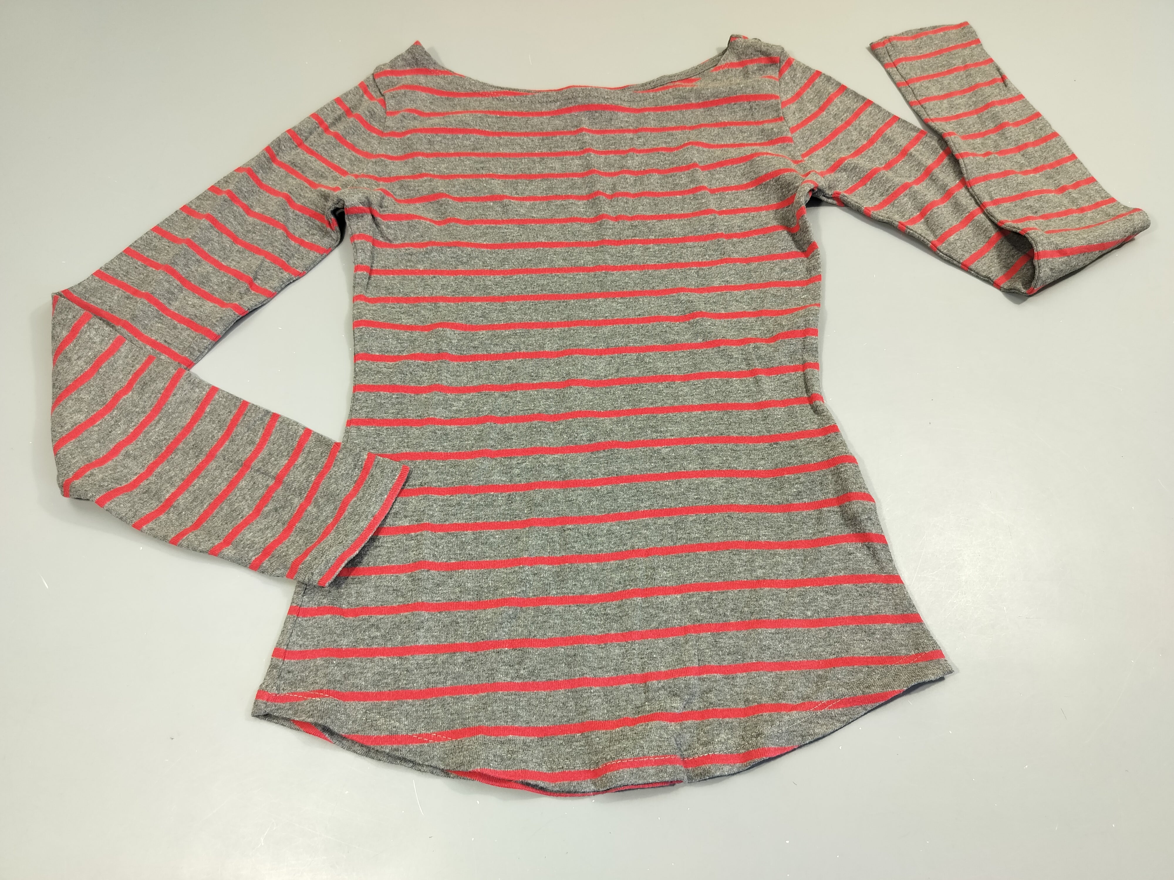 T-shirt m.l Camaieu  gris chiné rayé rose.